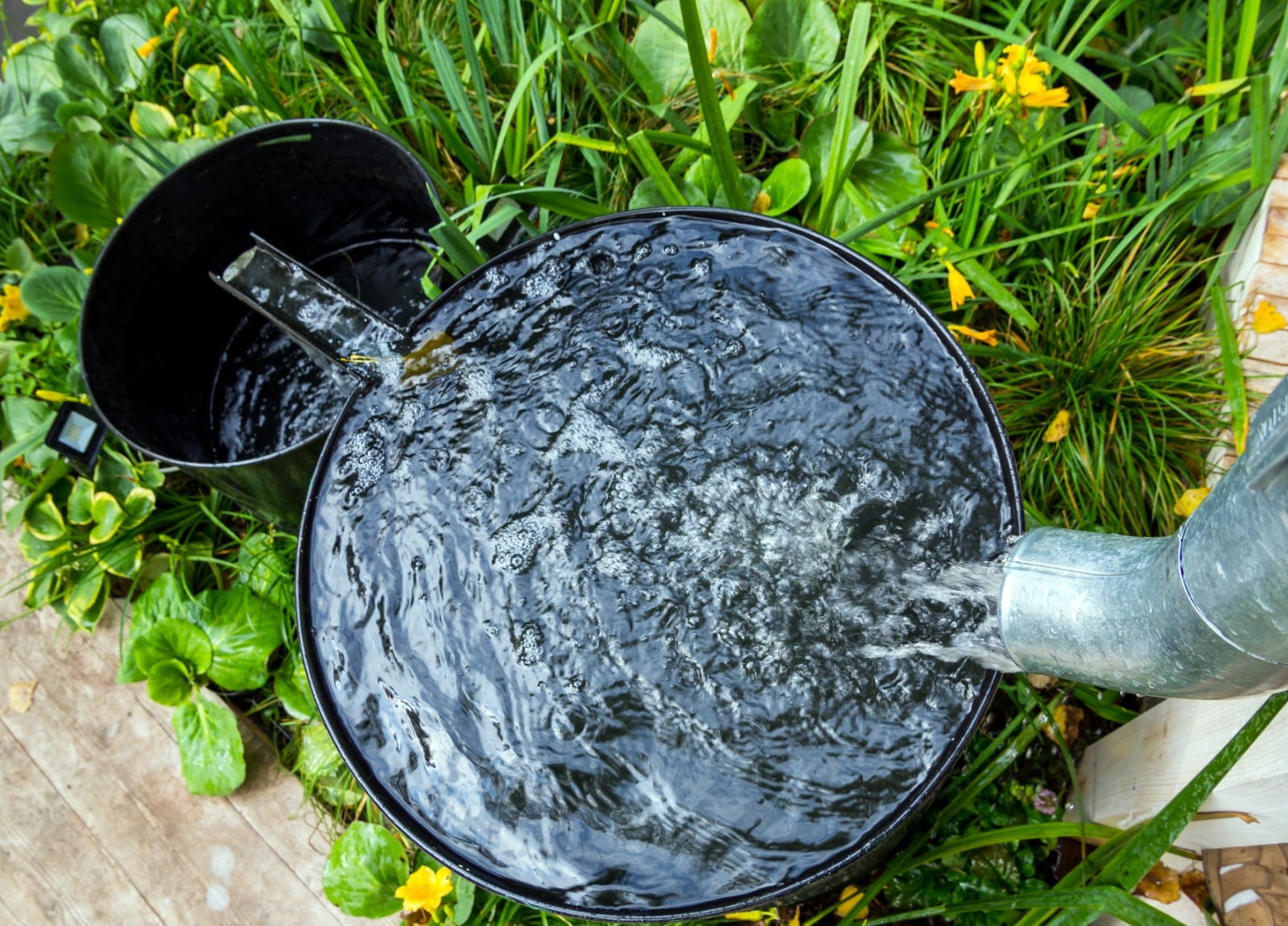 water flowing downpipe to bucket