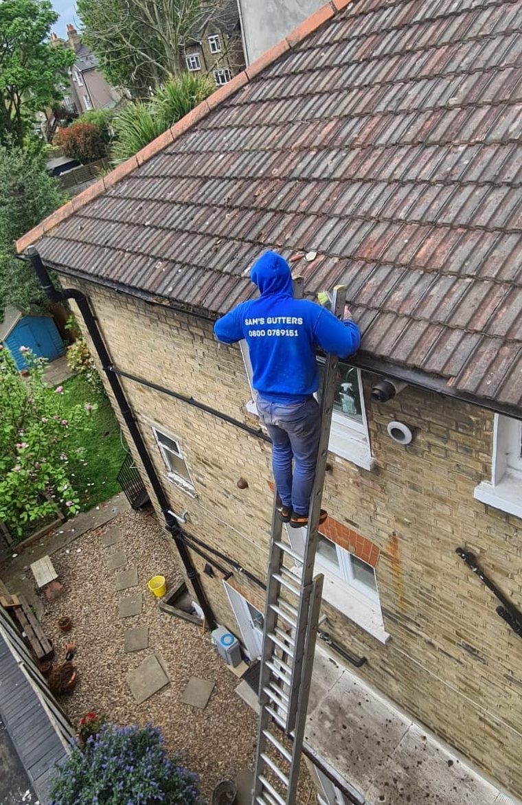 Technician on a ladder clearing out a gutter 