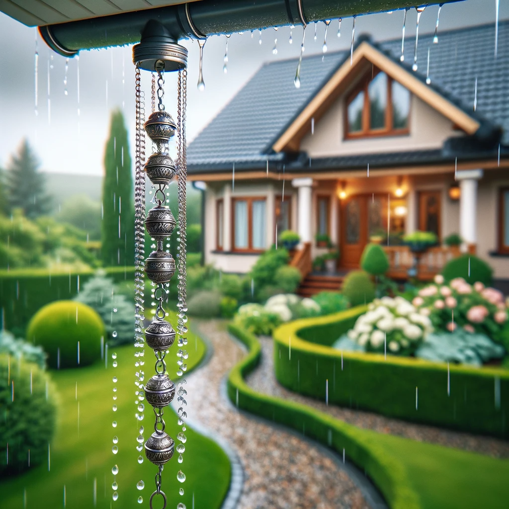 A rain chain hanging from a house gutter during a gentle rain