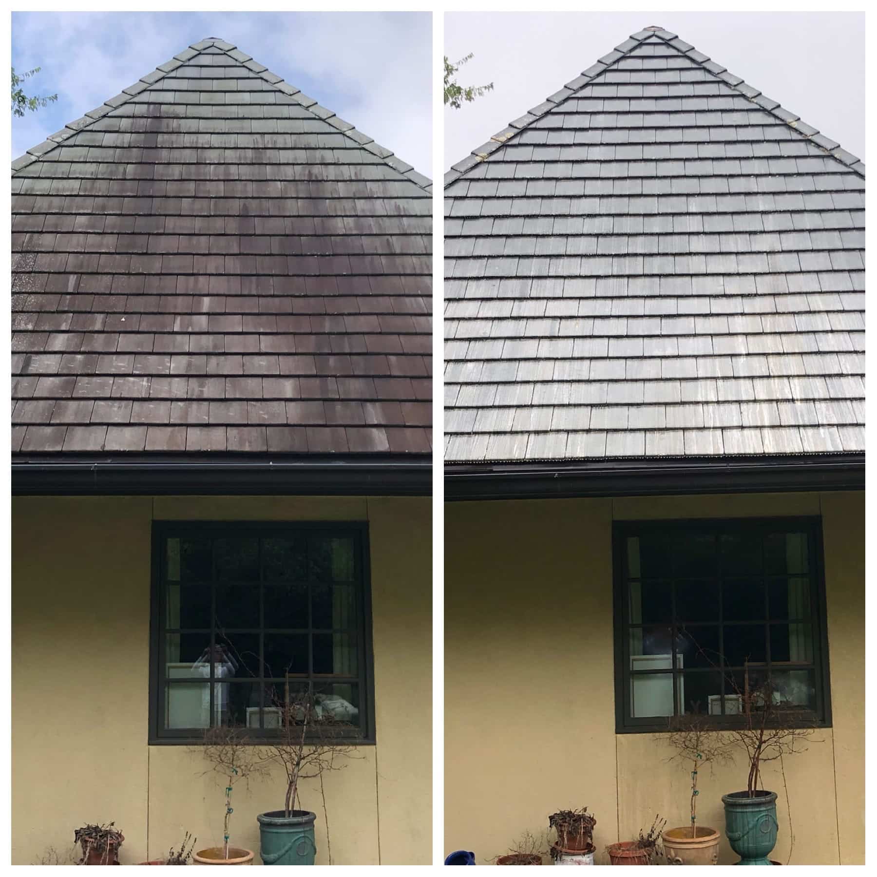 Before and After image of roof wash