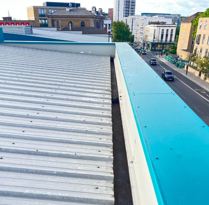 The metal roof of a commercial property.