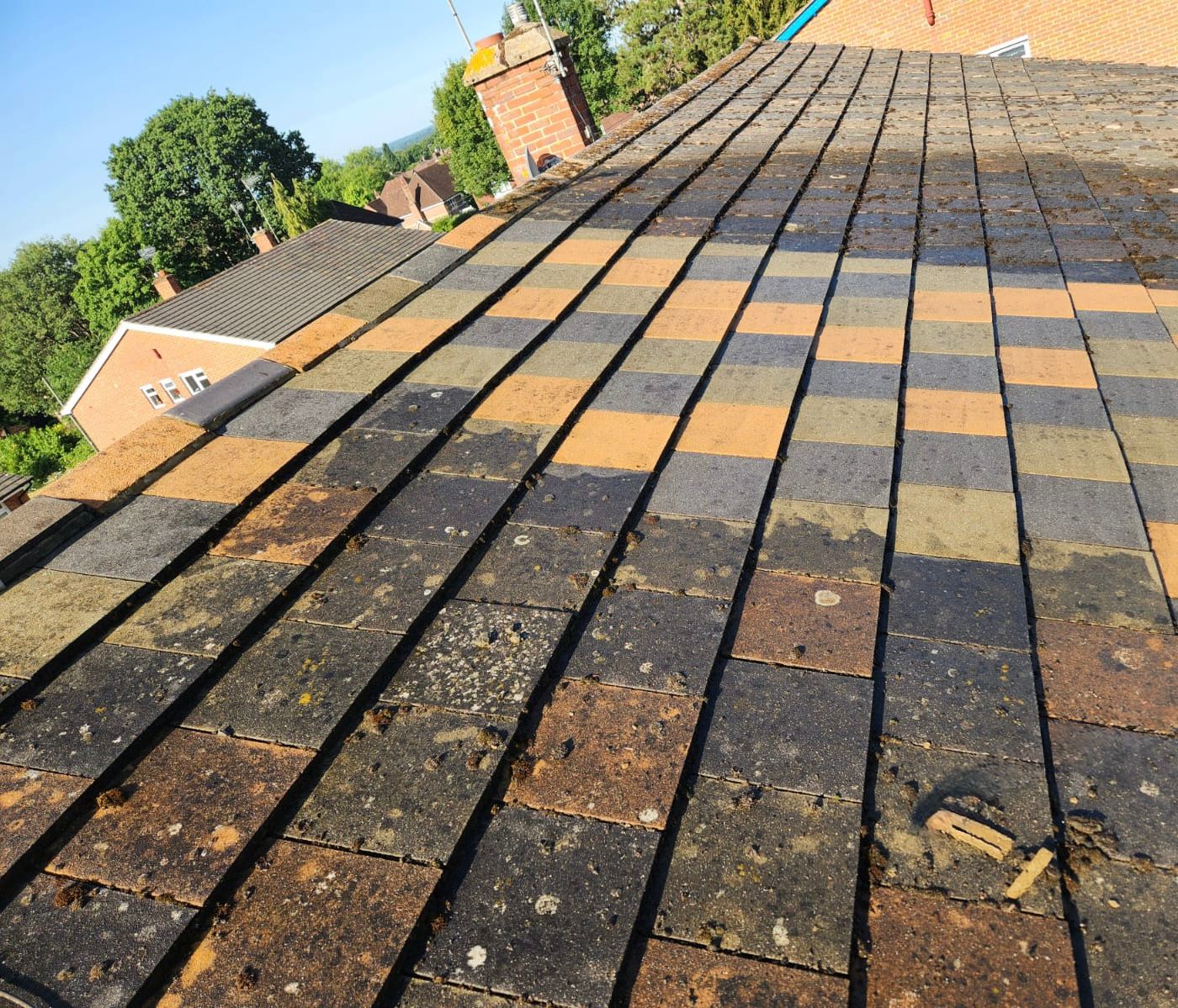 Showing part of a roof that has been cleaned and part that hasn't.