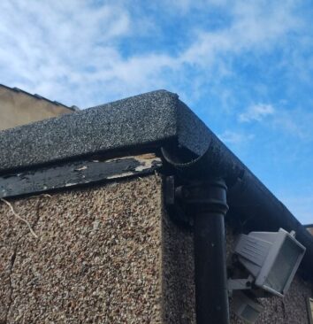 Rotting fascia board with peeling black paint.