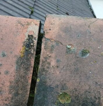 A ridge roof tile that needs realignment.
