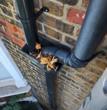 Shows a black UPVC downpipe blocked by leaves.