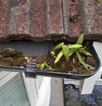 A before photo of a black UPVC gutter corner full of leaves and soil.