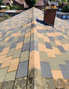 Photo showcasing the effectiveness of hot-water roof cleaning.