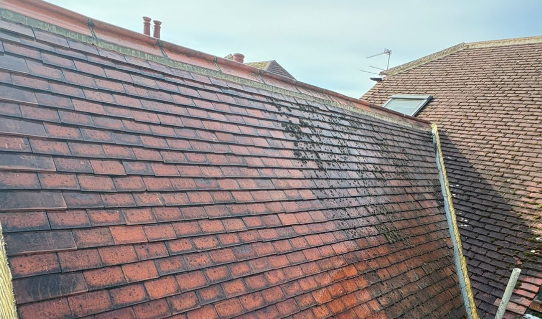 A photo of a roof cleaning in progress.