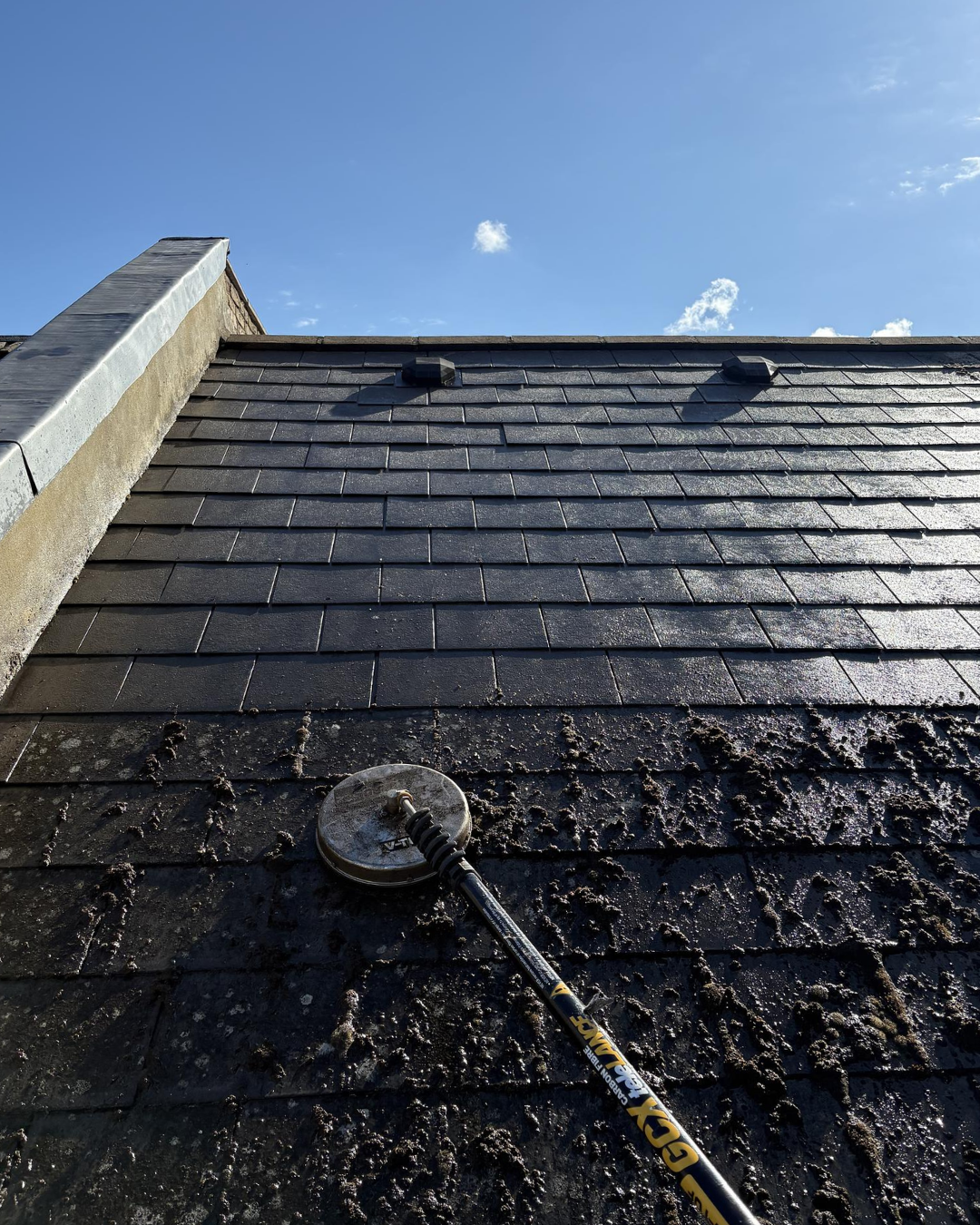 A photo of a roof covered in moss being cleaned.